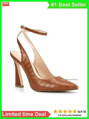 Womens Pointed Toe Slingback Pumps 3.74 Inch Flared Heel Ankle Strap Dress Shoes